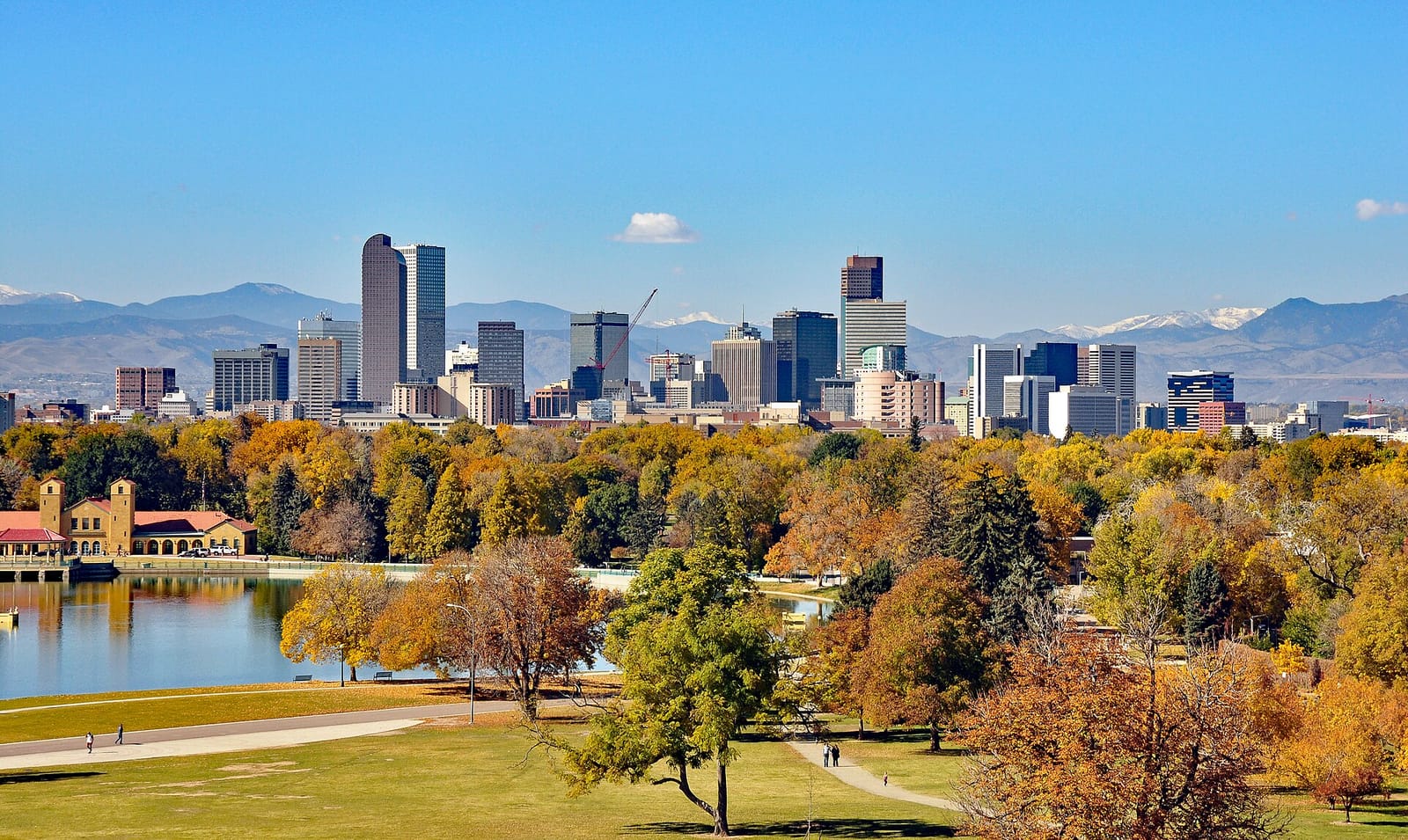 The Denver skyline and the Rocky Mountains from City Park, Colorado The Denver skyline and the Rocky Mountains from City Park, Colorado