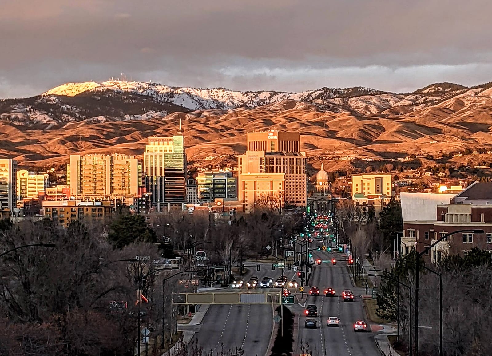 Downtown Boise at sunset below the foothills, Idaho Downtown Boise at sunset below the foothills, Idaho