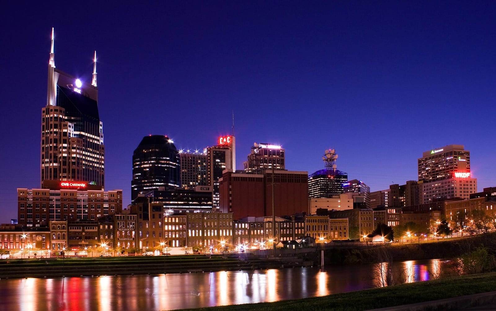 The Nashville skyline at night over the Cumberland River, Tennessee The Nashville skyline at night over the Cumberland River, Tennessee