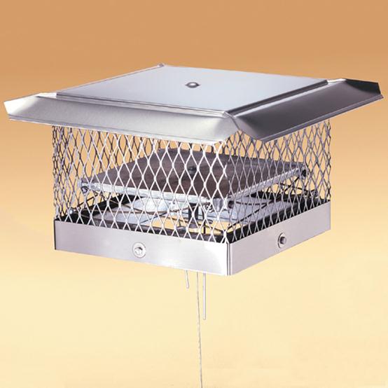 A stainless steel rooftop damper that doubles as a chimney cap, with its control cable A stainless steel rooftop damper that doubles as a chimney cap, with its control cable