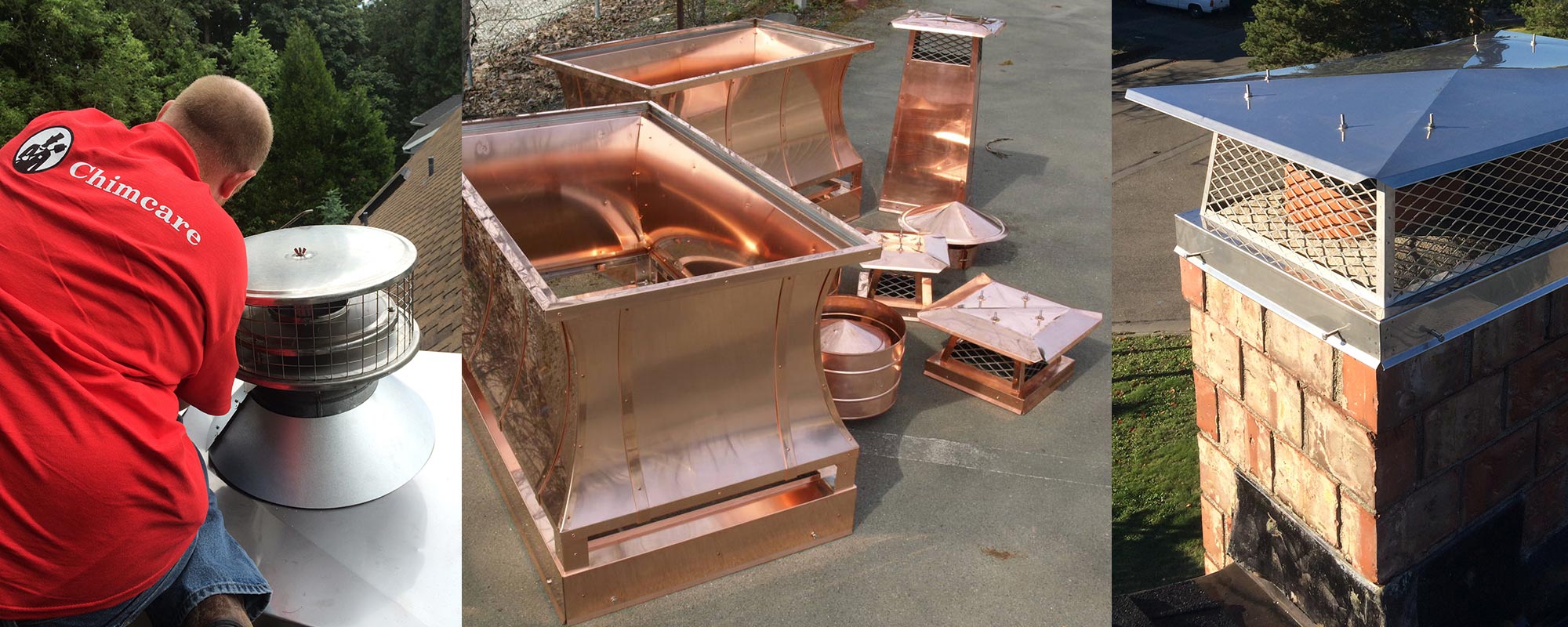 A Chimcare technician working on a chimney cap, beside copper chimney caps and a stainless steel cap fitted on a brick chimney