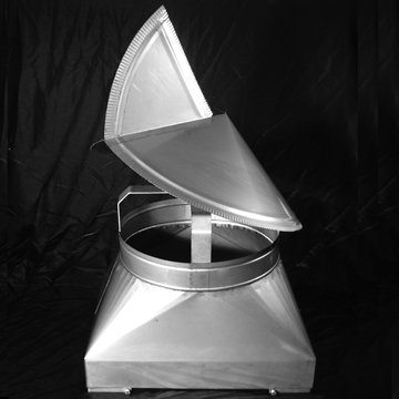 A stainless steel wind directional chimney cap with a hinged, angled lid
