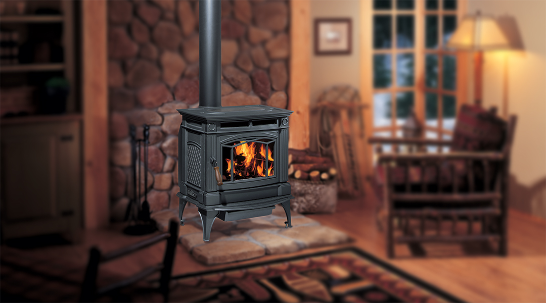 A Hampton free standing wood stove in a cozy living room