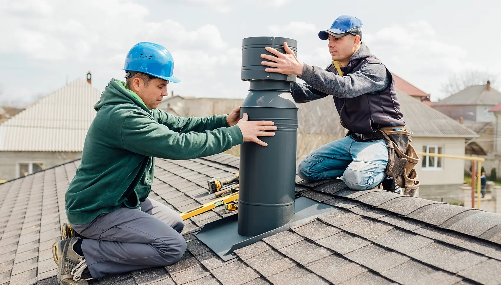 A professional chimney inspector examining a residential chimney.