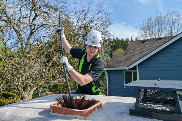 A Chimcare technician sweeping a chimney from a rooftop A Chimcare technician sweeping a chimney from a rooftop
