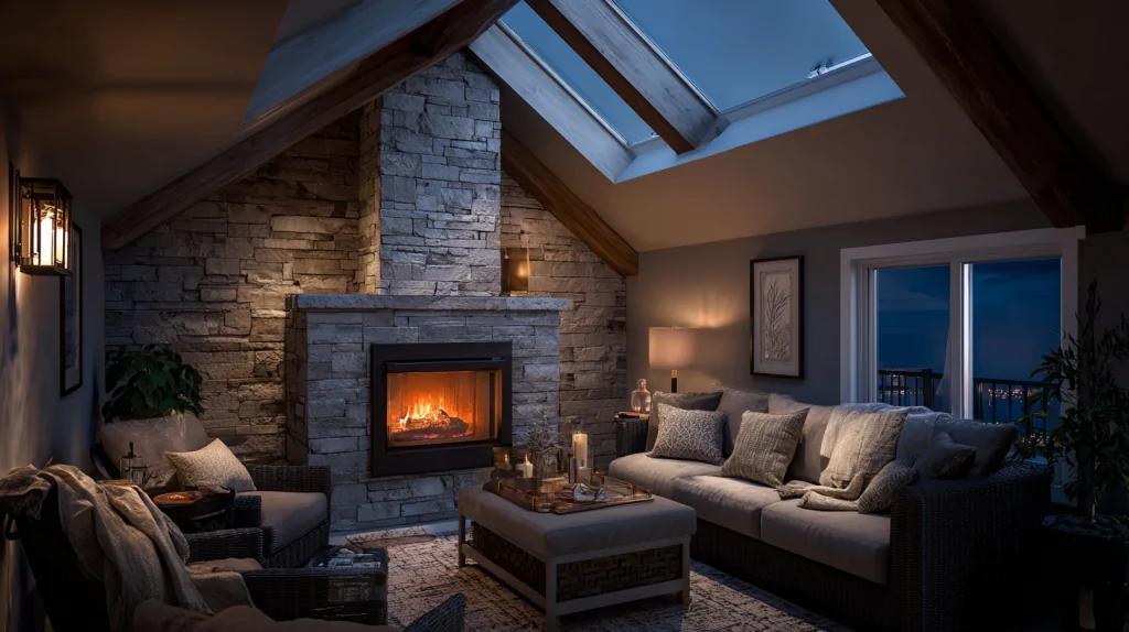 Modern living room with electric fireplace insert glowing warmly