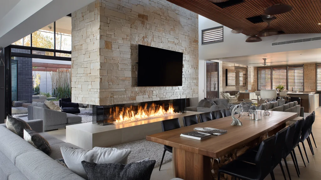 Comparison of gas and wood fireplaces with a cozy living room setting