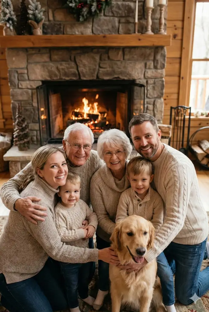 Family gathered by their fireplace