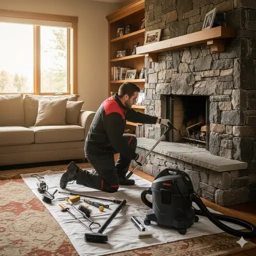 Chimcare technician cleaning a living room fireplace