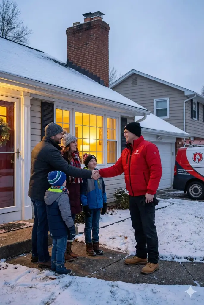 Chimcare technician with a family outside their home
